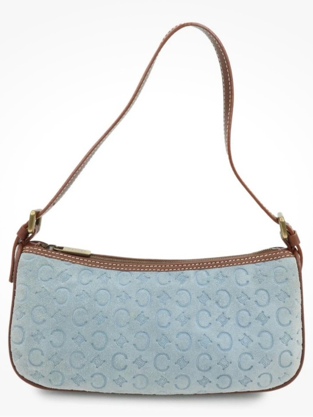 CELINE C Macadam Suede Leather Pochette Shoulder Bag (RARE Light Blue) Vintage